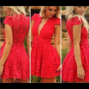 Deep V Laced Mini Red Dress